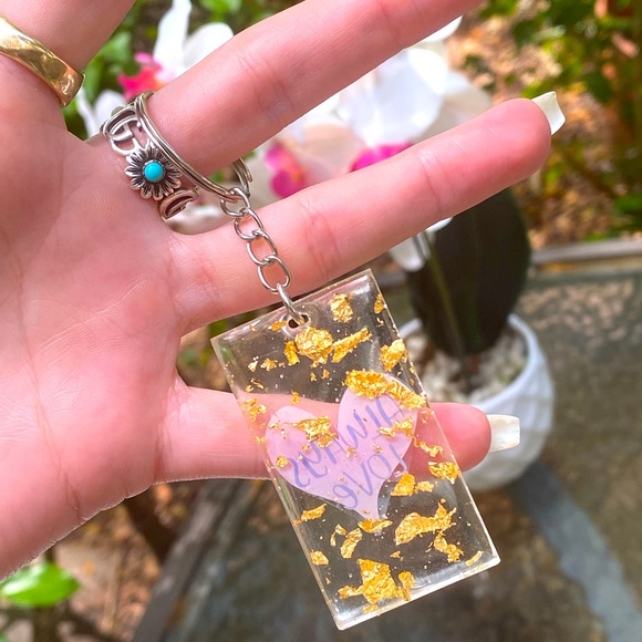Always Love Pink Heart & Gold Flakes Keychain - Picture 5 of 9